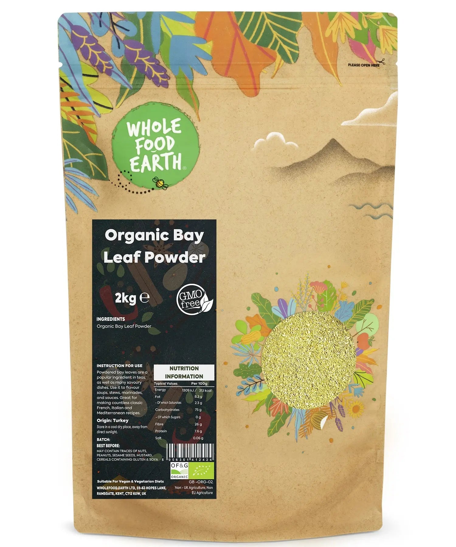 Organic Bay Leaves Powder from Whole Food Earth, 2kg, in a clear jar showing finely ground organic herbs and spices.