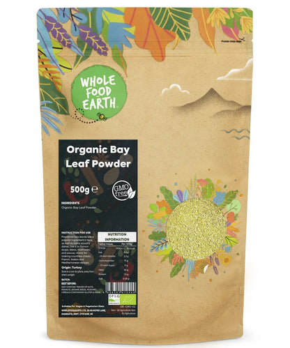 Organic Bay Leaves Powder in a 500g bag from Whole Food Earth, fresh herb and spice for cooking and seasoning.