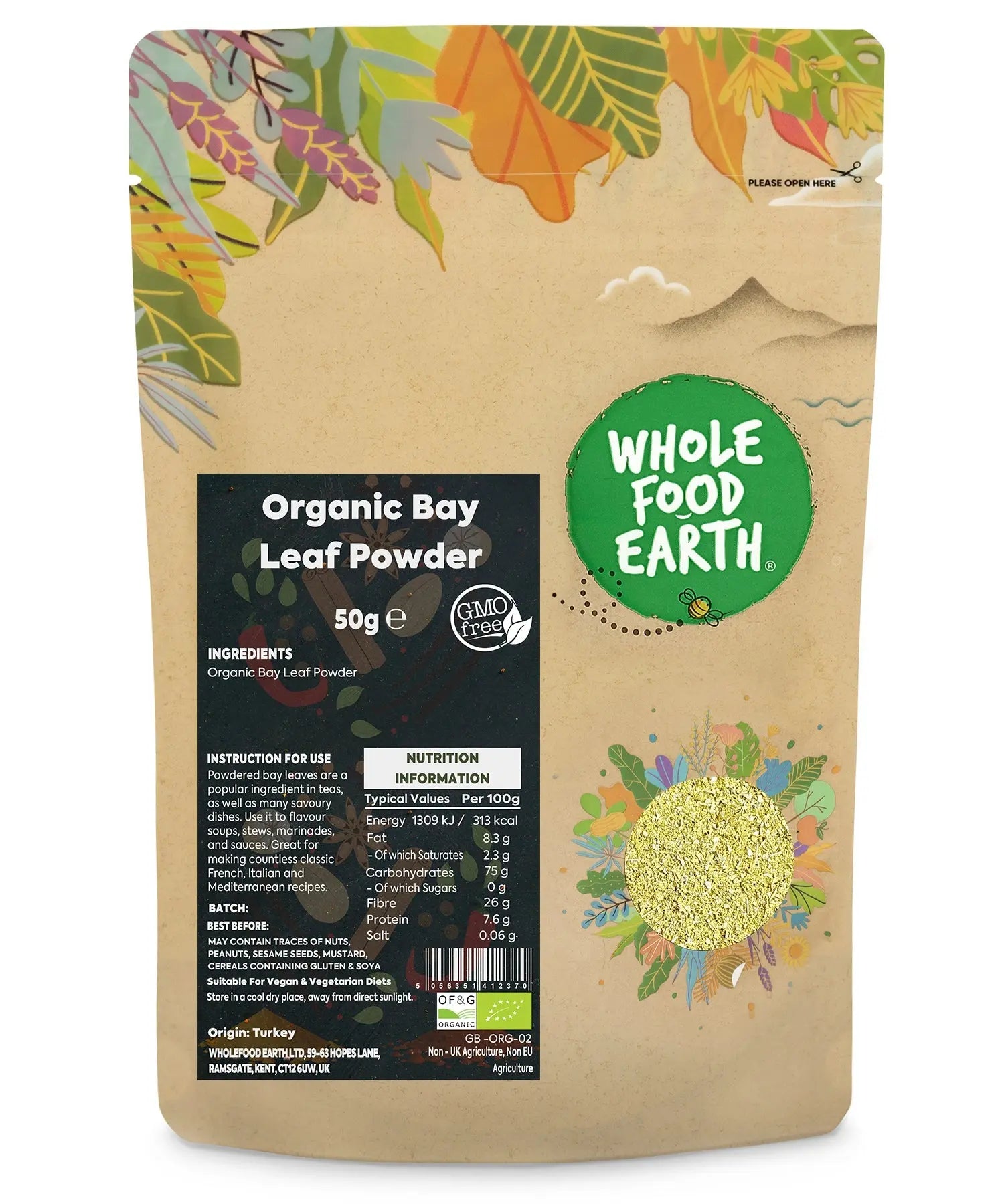 Organic bay leaves powder in a clear jar, Whole Food Earth herbs and spices, fresh green powder for cooking and flavoring.