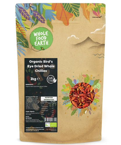 Organic Bird's Eye Chilli whole by Whole Food Earth, dried, vibrant red herbs and spices for cooking and flavoring.
