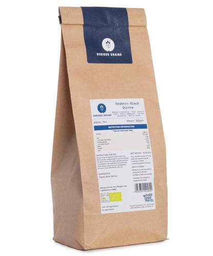 Organic black quinoa grains from Whole Food Earth, shown in a clear close-up image with black and white quinoa seeds.