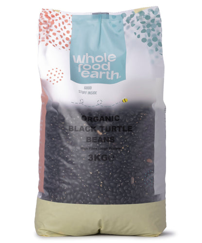 Organic black turtle beans from Whole Food Earth, 3kg bag, showing glossy black beans and natural texture.