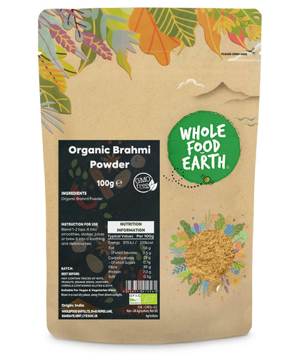 Organic Brahmi powder from Whole Food Earth, 100g, fine herbal spice in a clear container with a natural, earthy color.