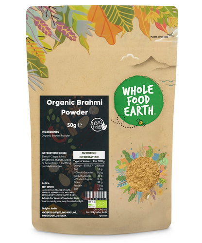 Organic Brahmi powder in a 50g package, a natural herbal spice from Whole Food Earth, with a fine green powder appearance.