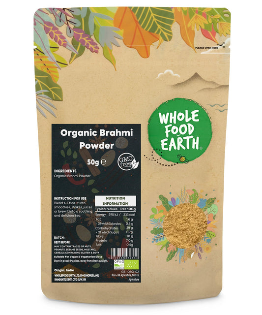 Organic Brahmi powder in a 50g package, a natural herbal spice from Whole Food Earth, with a fine green powder appearance.
