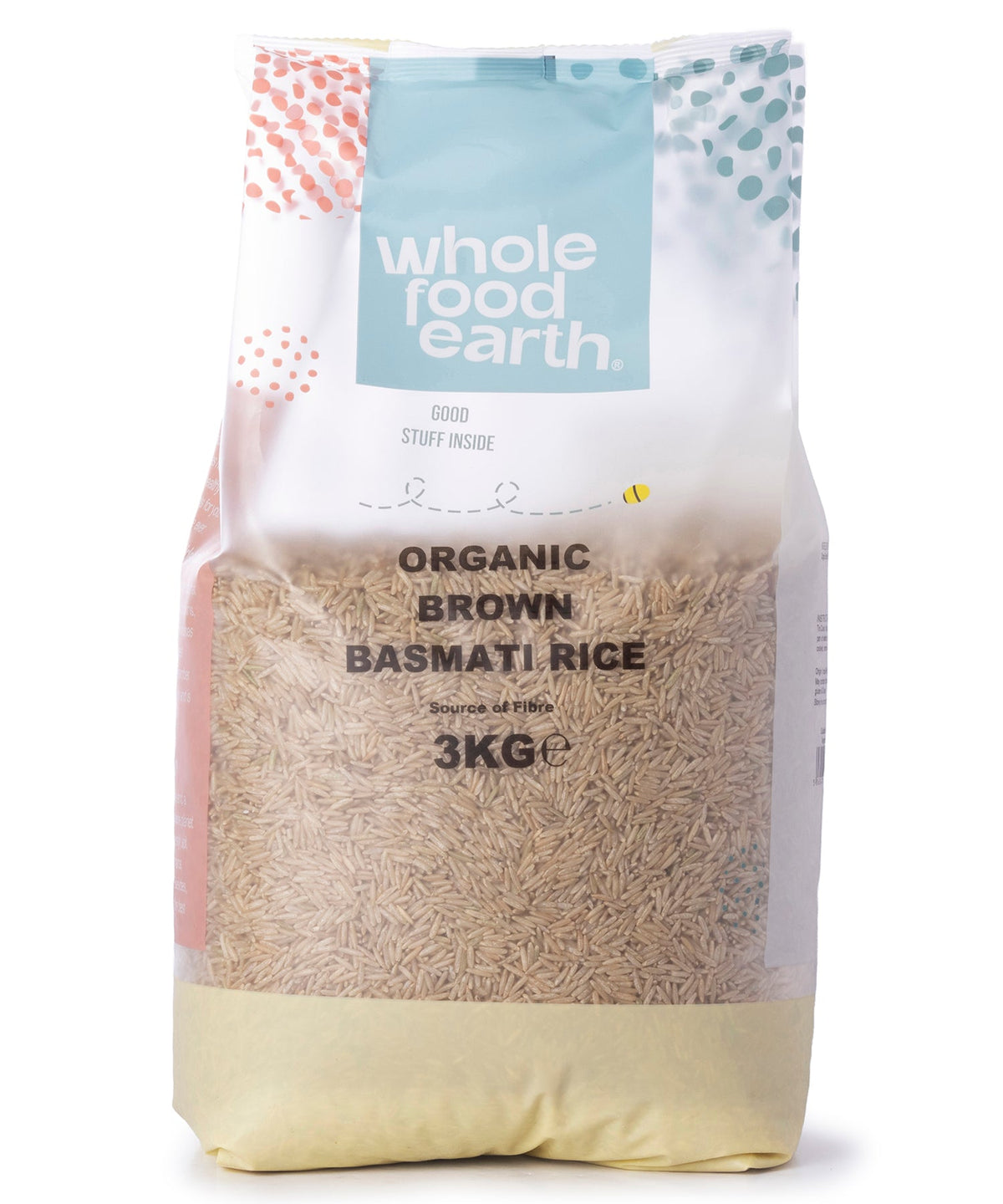 Organic brown basmati rice in a clear bag, showing long grains and natural light color, from Whole Food Earth Rice & Couscous collection.