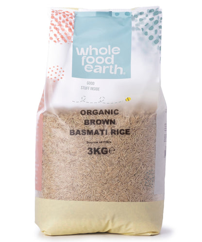 Organic brown basmati rice in a clear bag, showing long grains and natural light color, from Whole Food Earth Rice & Couscous collection.