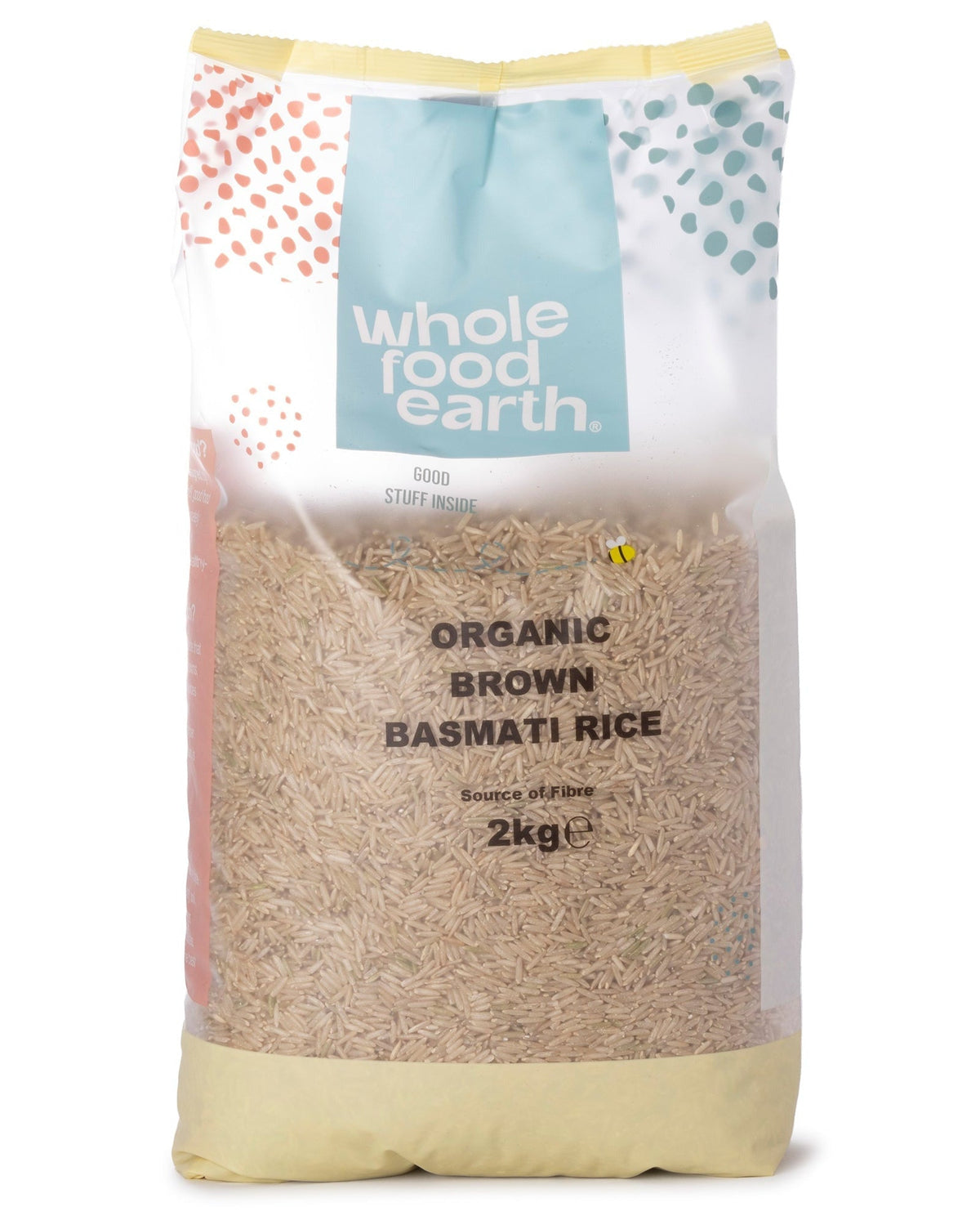 Organic Brown Basmati Rice in a 2kg bag from Whole Food Earth, showing the rice grains and packaging.