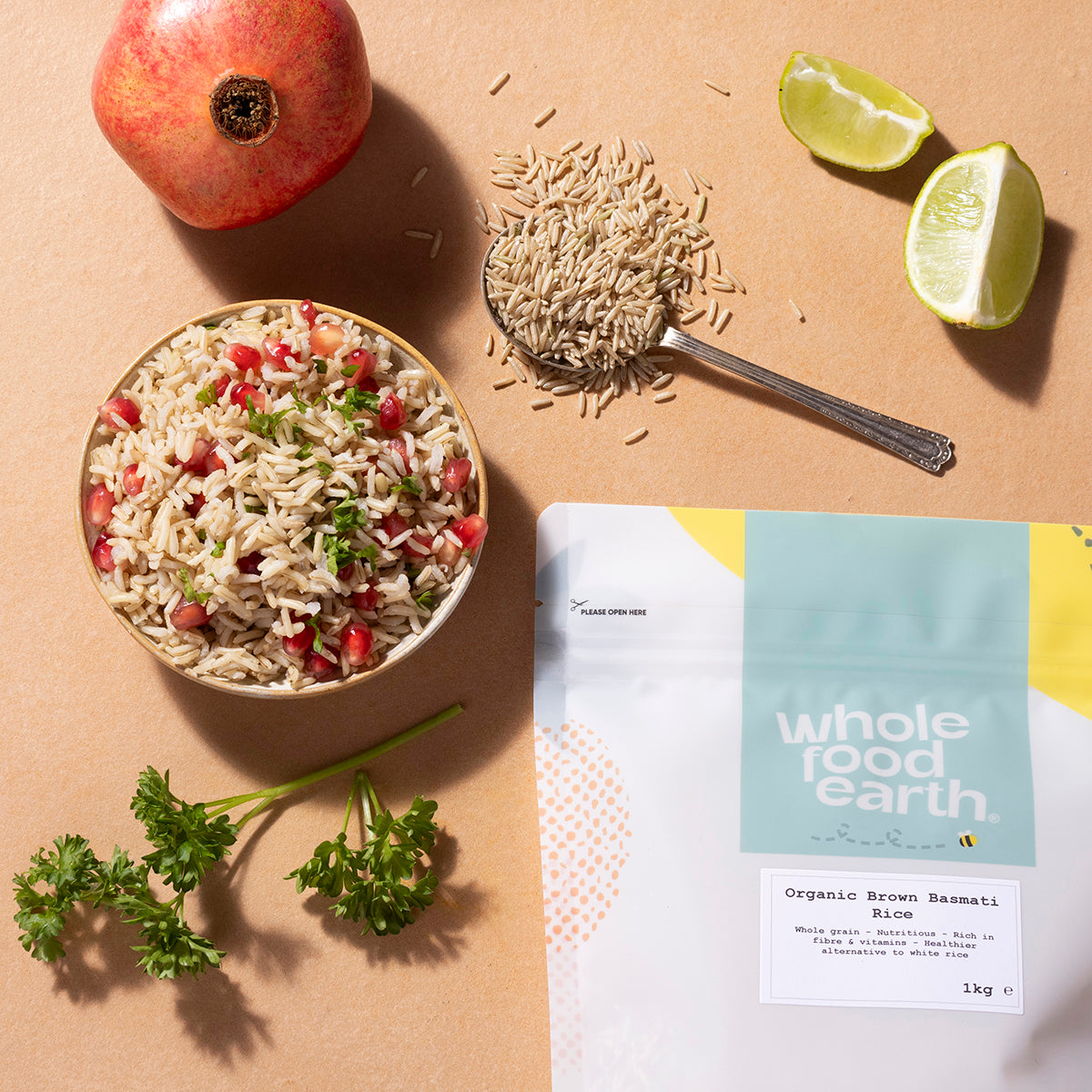 Organic Brown Basmati Rice from Whole Food Earth, showcasing long grains in a natural setting, highlighting the healthy rice product.