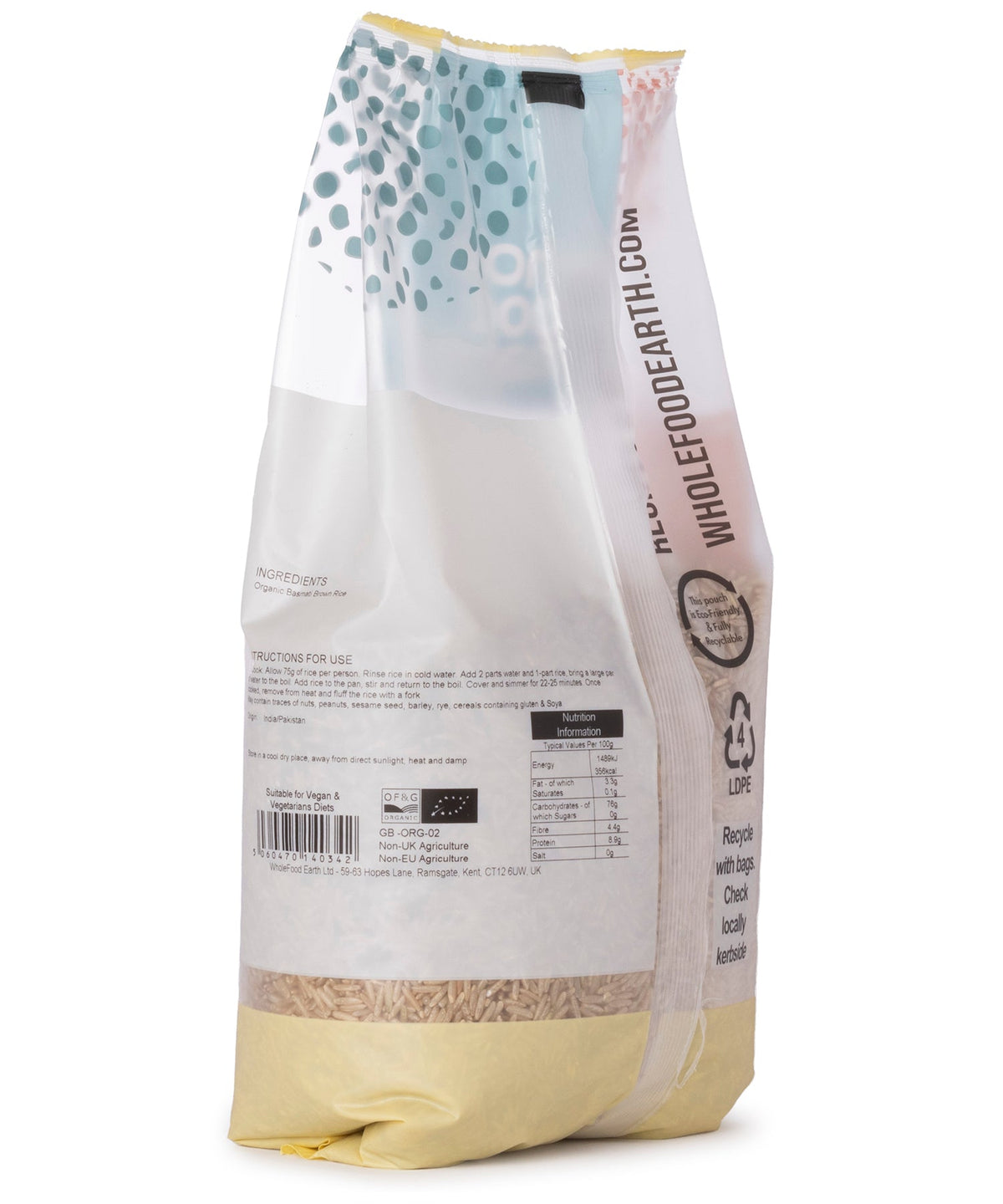 Organic brown Basmati rice from Whole Food Earth, 1kg bag, showcasing long grains in a clear packaging.