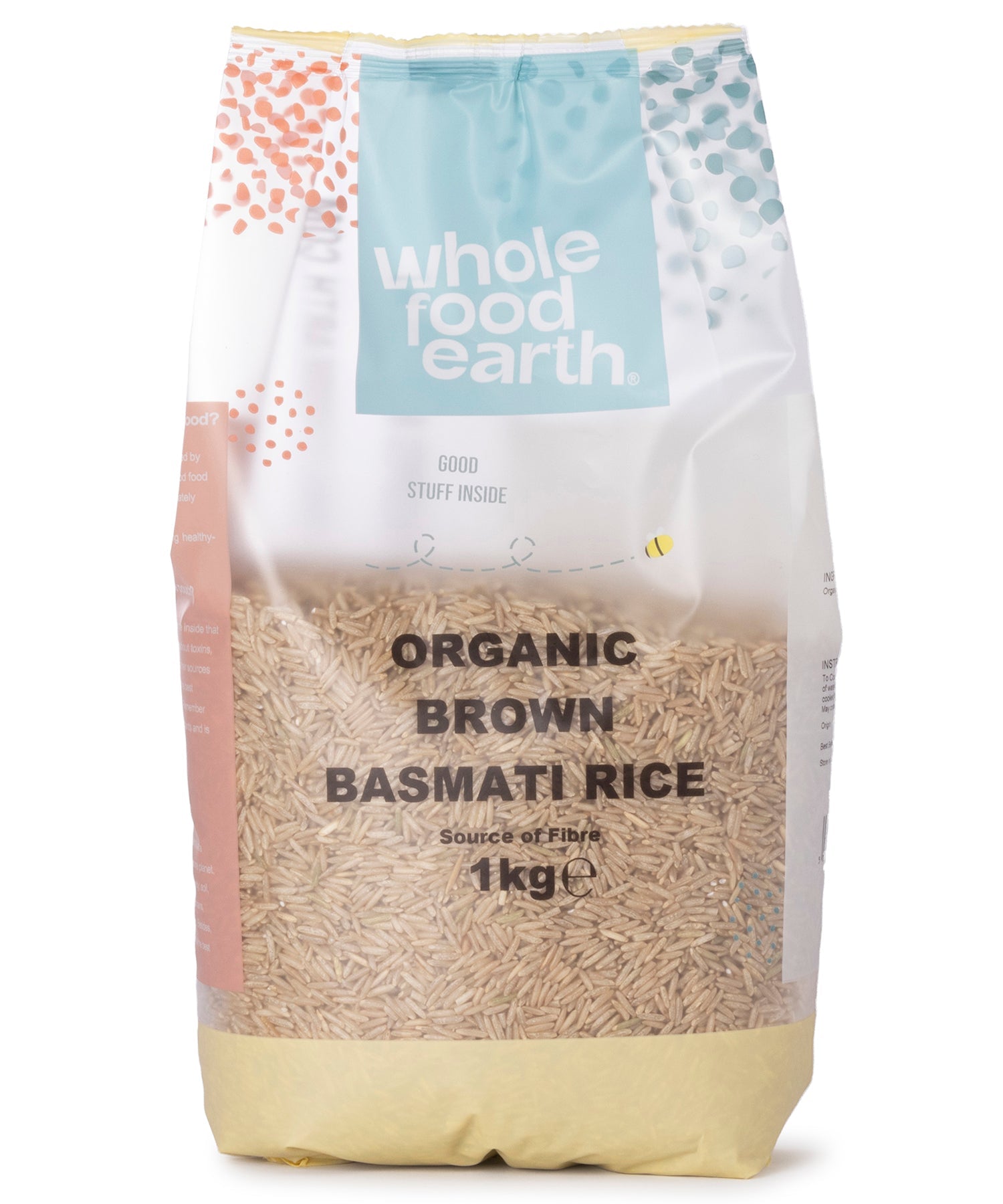 Whole Food Earth organic brown basmati rice in a 1kg bag, showcasing long grains and natural brown color.
