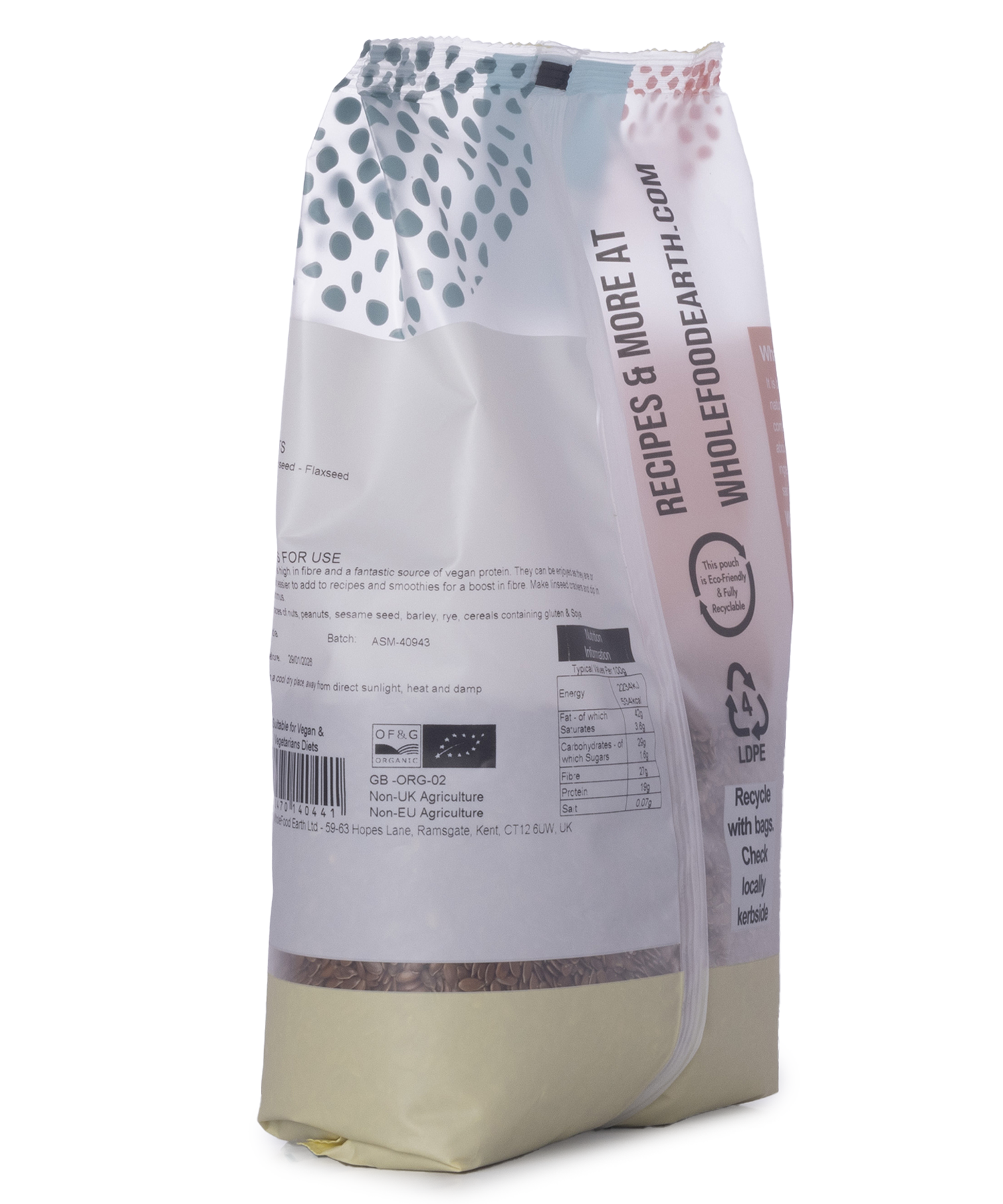 Organic brown flaxseed from Whole Food Earth, close-up of 500g bag showing the flaxseeds in a natural setting.