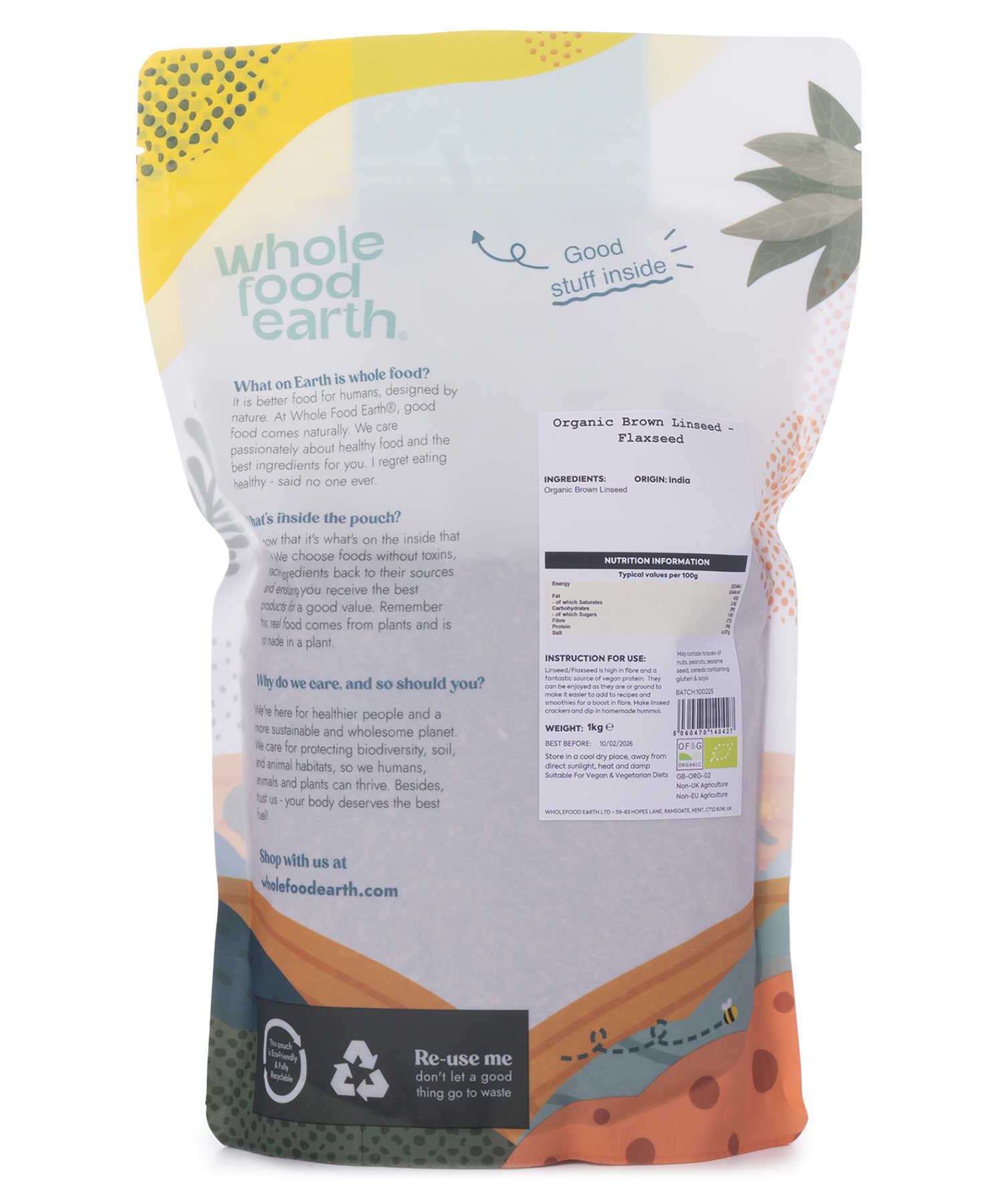 Organic brown flaxseed from Whole Food Earth, 1kg pack, showcasing fresh, whole nuts and seeds for healthy cooking and baking.
