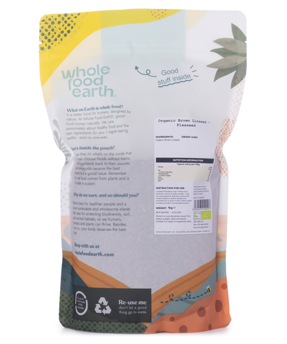 Organic brown flaxseed from Whole Food Earth, 1kg pack, showcasing fresh, whole nuts and seeds for healthy cooking and baking.