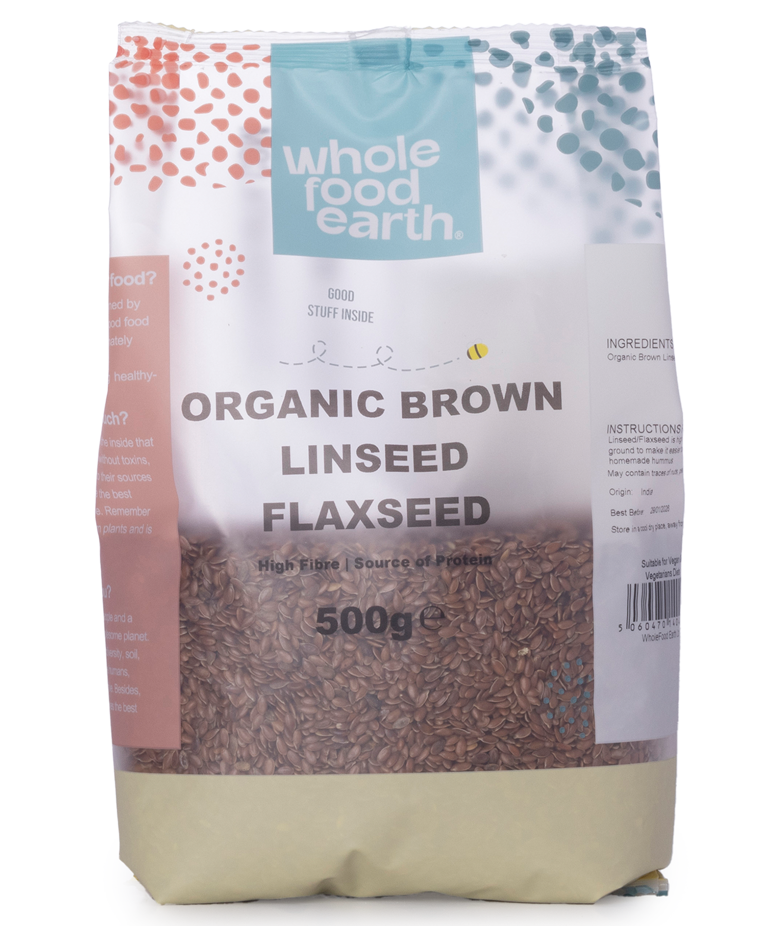 Organic brown flaxseed from Whole Food Earth, whole and natural, in a 500g package, ideal for healthy nuts and seeds.
