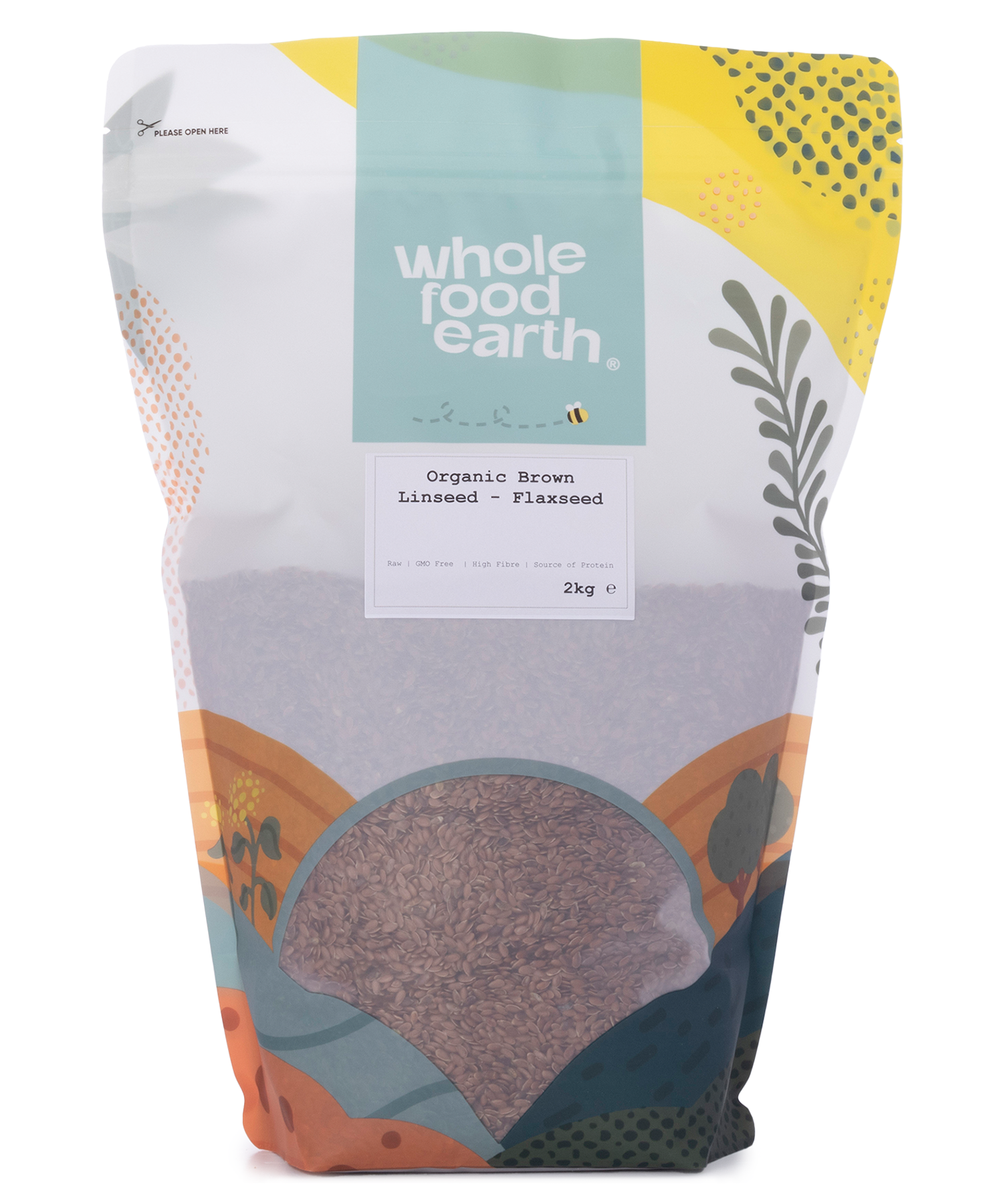 Organic brown flaxseeds in a clear bag, whole food earth brand, 2kg package, natural seeds for healthy cooking and baking
