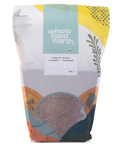 Organic brown flaxseeds in a clear bag, whole food earth brand, 2kg package, natural seeds for healthy cooking and baking