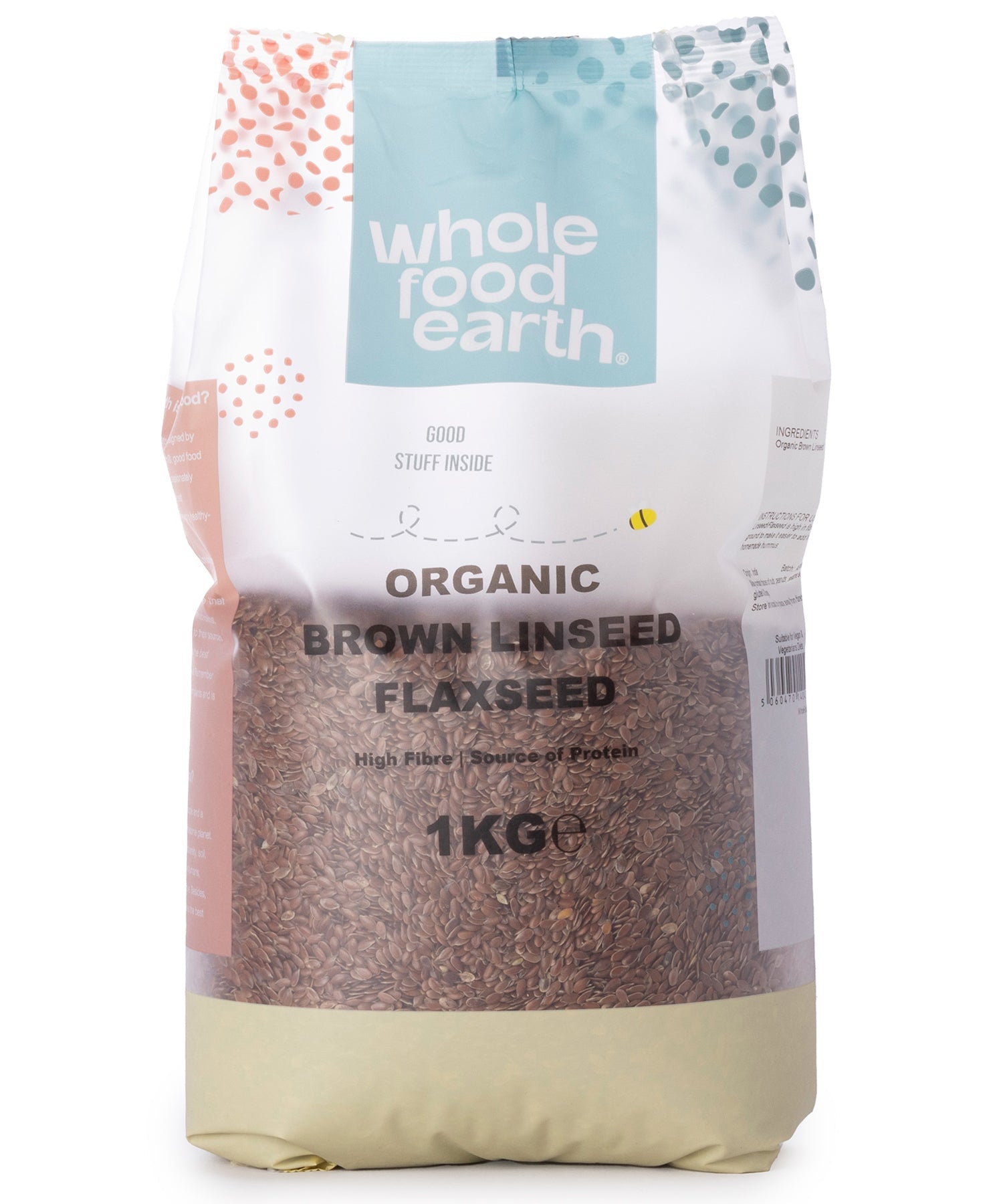 Organic brown linseed flaxseed in a clear bag, part of Whole Food Earth Nuts & Seeds collection, showing whole seeds inside.