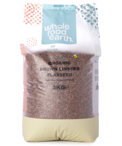 Organic brown linseed (flaxseed) in a 3kg bag from Whole Food Earth, showcasing fresh, whole seeds on a natural background.