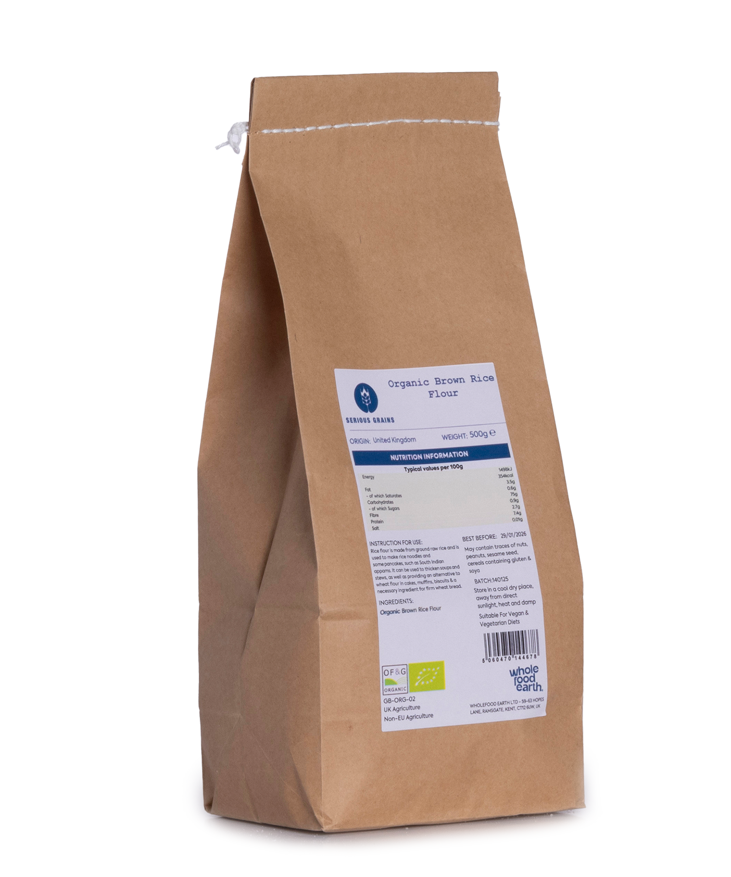 Organic brown rice flour from Whole Food Earth, 500g, showing a bag of natural, gluten-free flour with rice grains design.