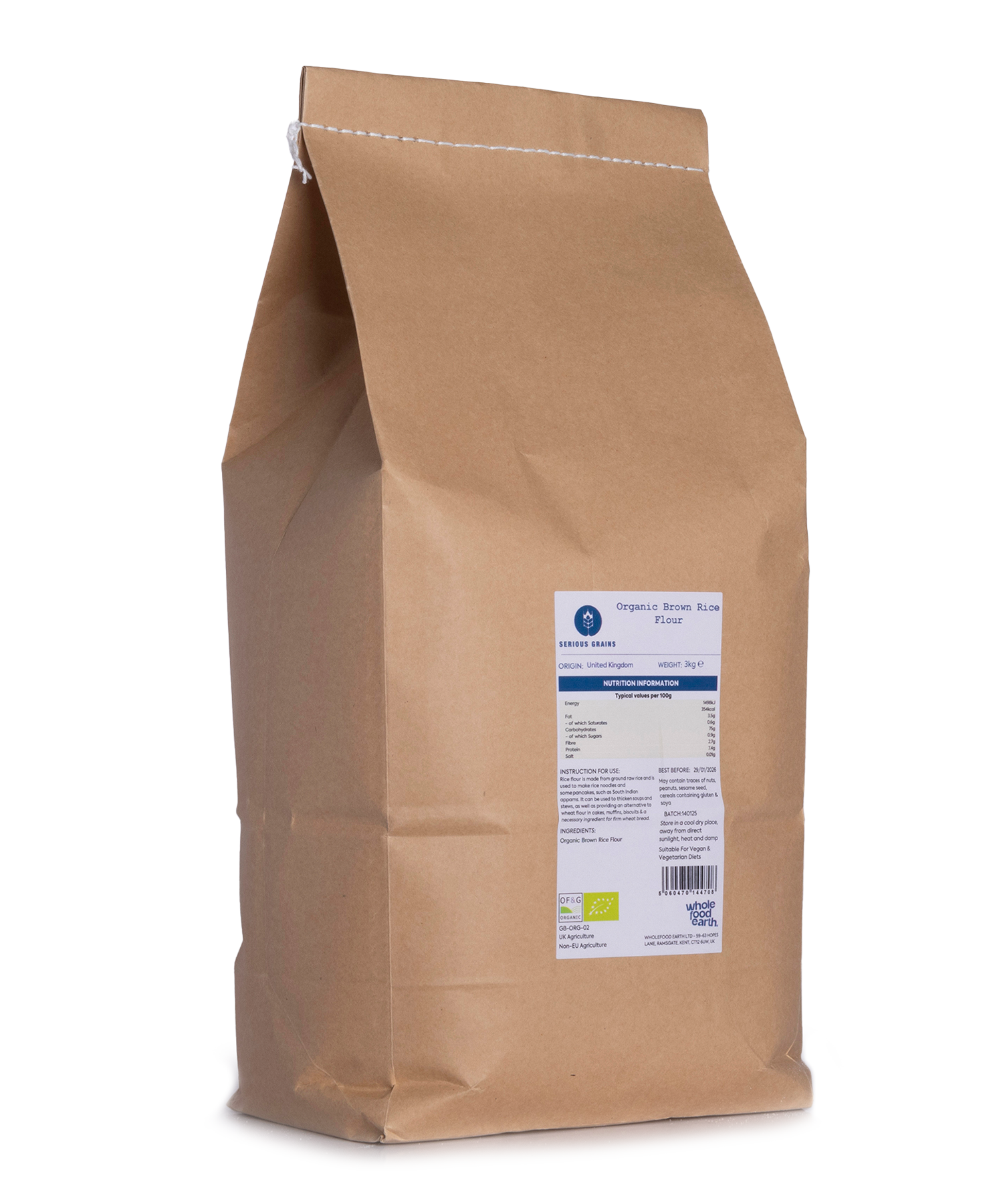 Organic brown rice flour from Whole Food Earth, 3kg, showing a bag of gluten-free flour for baking and cooking.