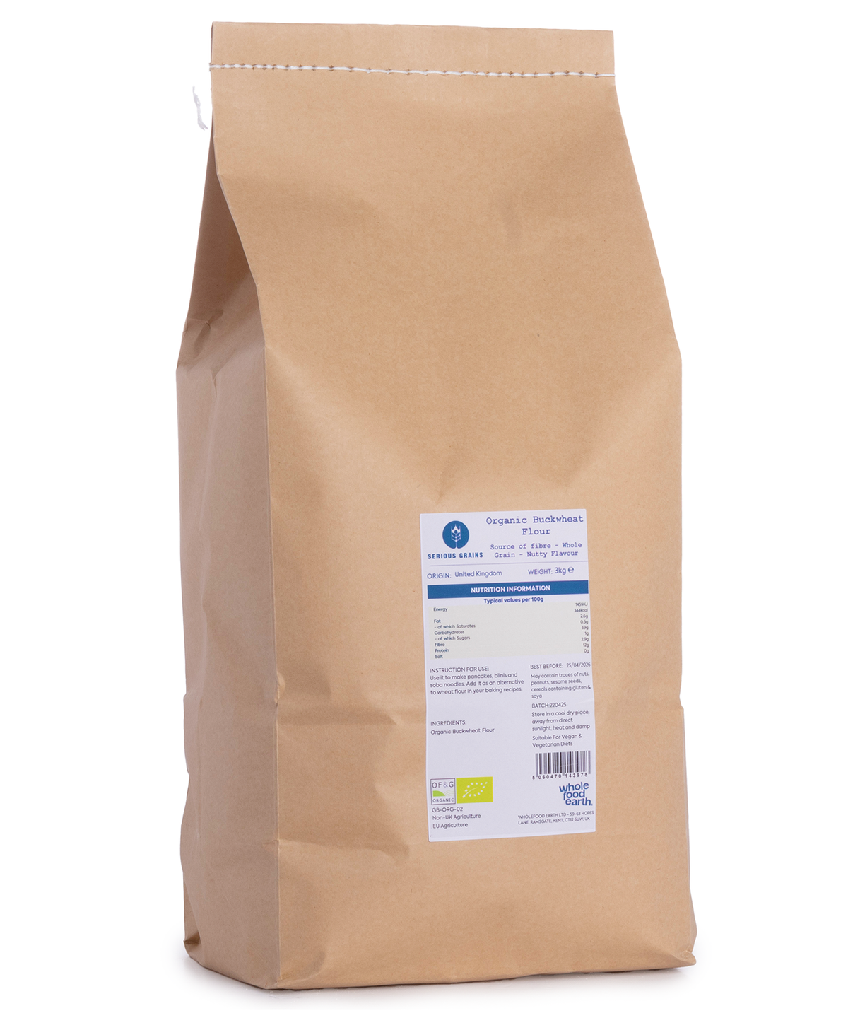 Organic Buckwheat Flour from Whole Food Earth, 3kg bag, light brown gluten-free flour for baking and cooking.