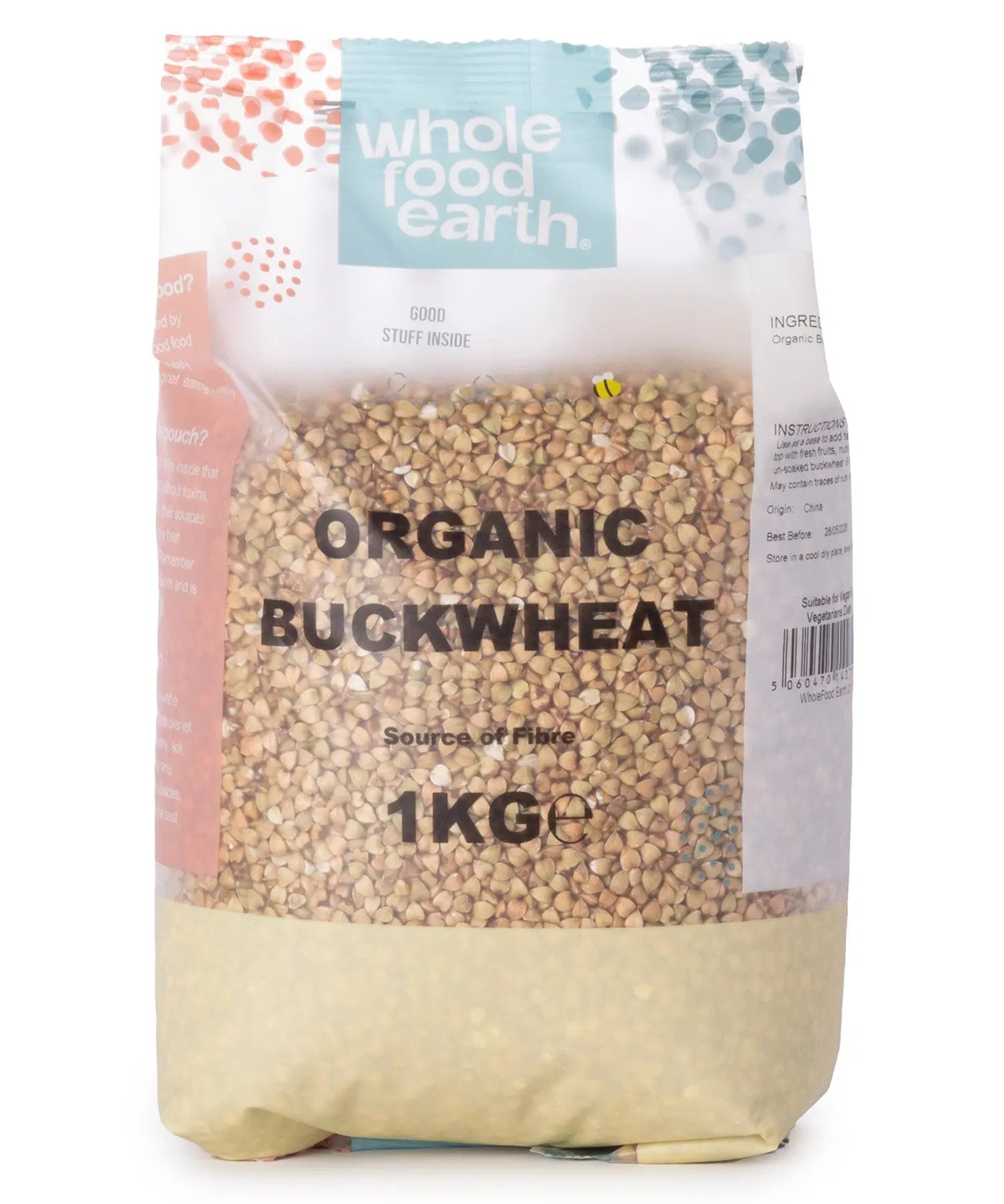 Organic Buckwheat from Whole Food Earth, 1kg, showing whole, raw buckwheat grains on a clean surface.