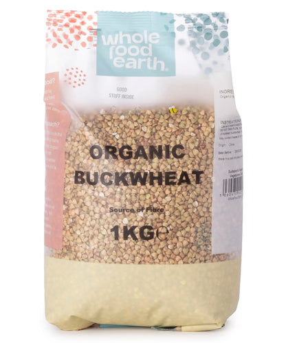 Organic Buckwheat from Whole Food Earth, 1kg, showing whole, raw buckwheat grains on a clean surface.