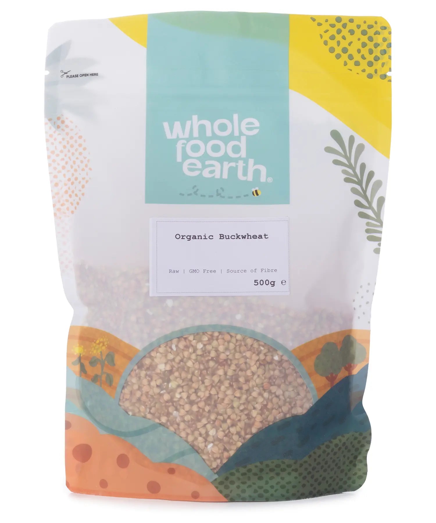 Organic buckwheat grains from Whole Food Earth in a 500g package, showcasing the raw, whole buckwheat with light brown color.