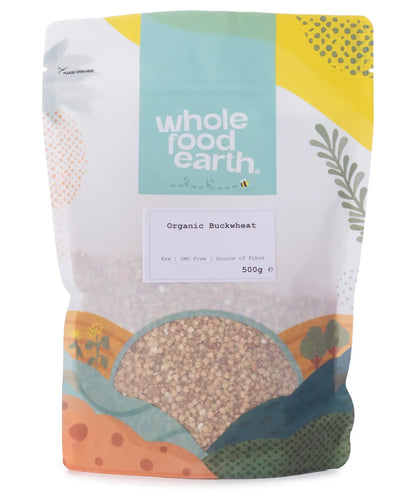 Organic buckwheat grains from Whole Food Earth in a 500g package, showcasing the raw, whole buckwheat with light brown color.