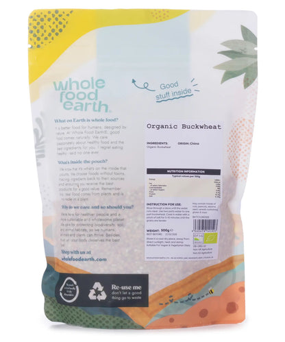 Organic Whole Food Earth buckwheat grains in a 500g package, showcasing raw, unprocessed gluten-free flour and grain product.
