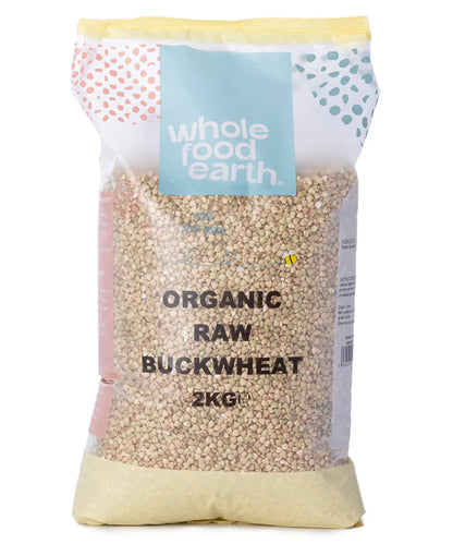 Organic buckwheat grains from Whole Food Earth in a 2kg bag, showcasing the light brown, triangular-shaped grains of this gluten-free flour.