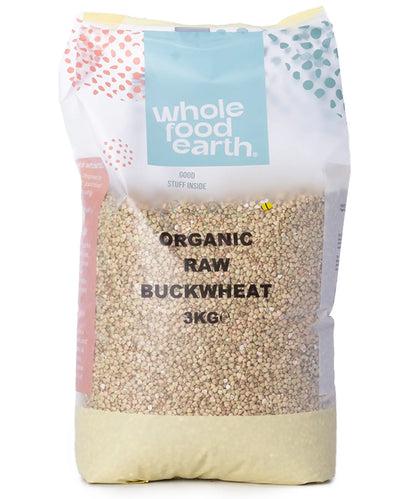 Organic buckwheat flour from Whole Food Earth, showing a 3kg bag with uncooked buckwheat grains.