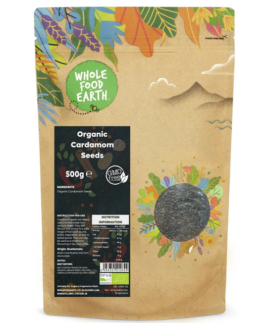 Organic black cardamom seeds in a 500g package, showcasing whole herbal spice from Whole Food Earth for flavorful cooking.
