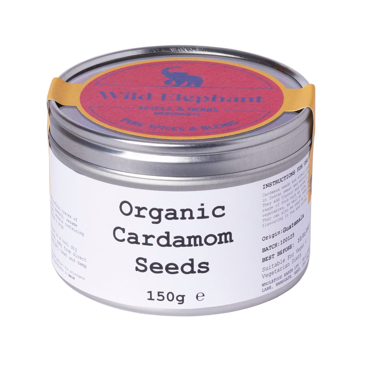 Organic Cardamom Seeds from Whole Food Earth, 150g, showing fresh green seeds in a clear glass jar on a wooden surface.