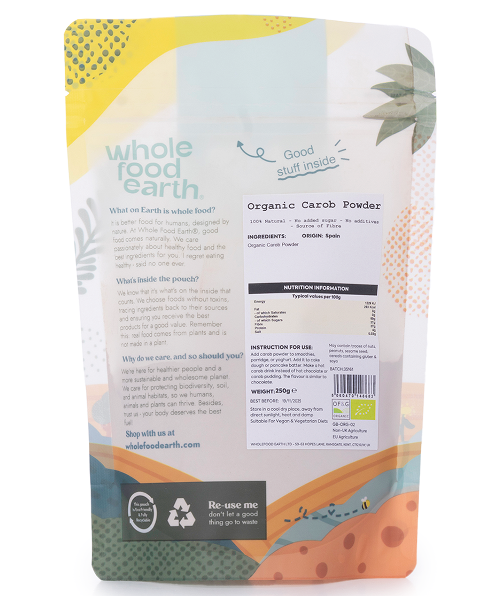 Organic Carob Powder by Whole Food Earth, 250g, specialty natural cacao substitute, finely ground in a clear bag.