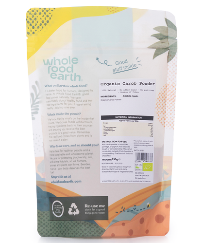 Organic Carob Powder by Whole Food Earth, 250g, specialty natural cacao substitute, finely ground in a clear bag.