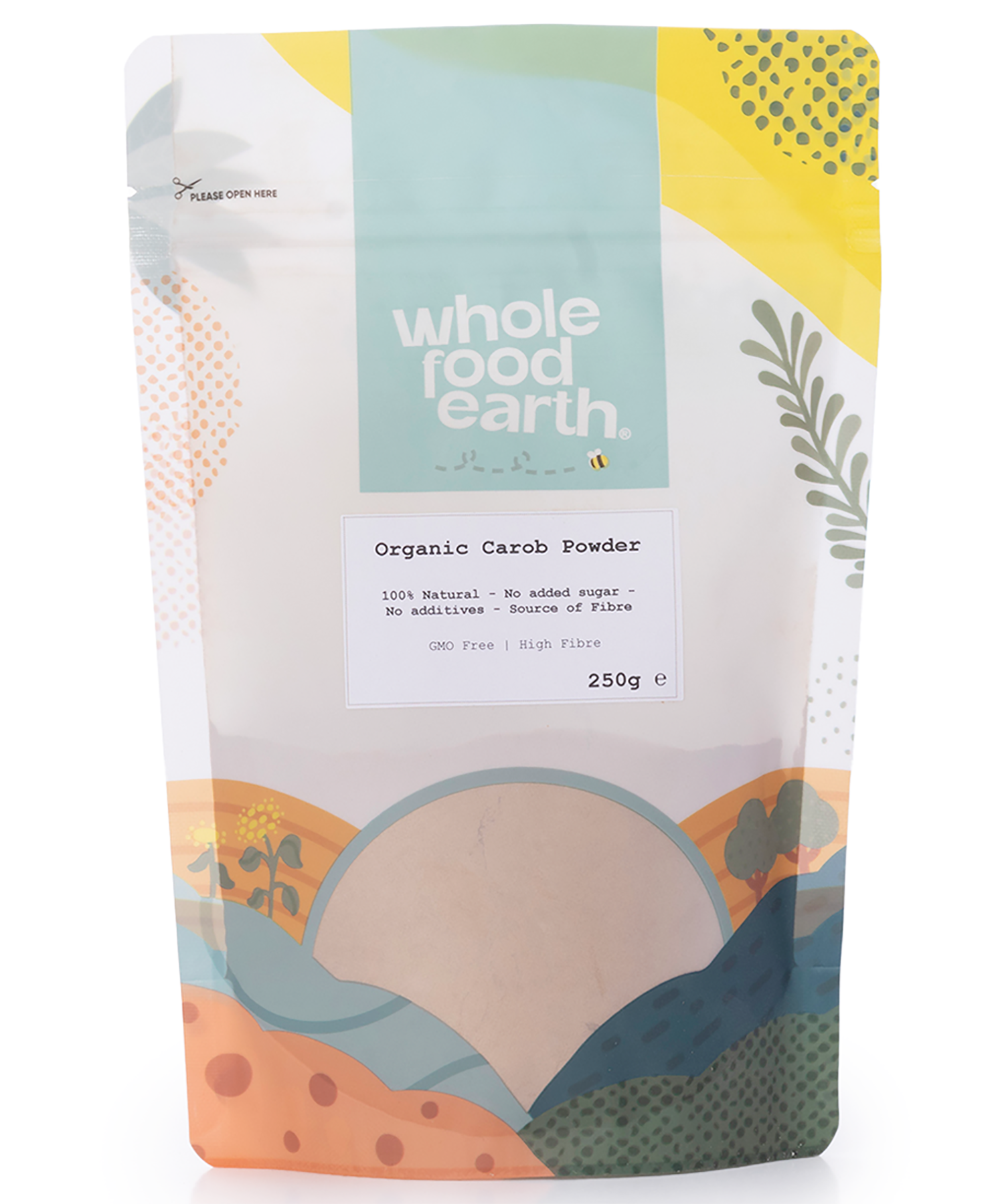 Organic Carob Powder from Whole Food Earth, speciality 250g package, finely ground natural carob powder for baking and health.