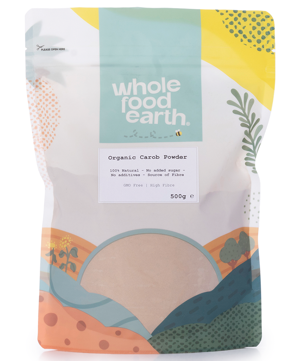 Organic Carob Powder by Whole Food Earth in a 500g package, showing the light brown powder in a resealable bag.
