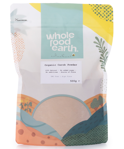 Organic Carob Powder by Whole Food Earth in a 500g package, showing the light brown powder in a resealable bag.