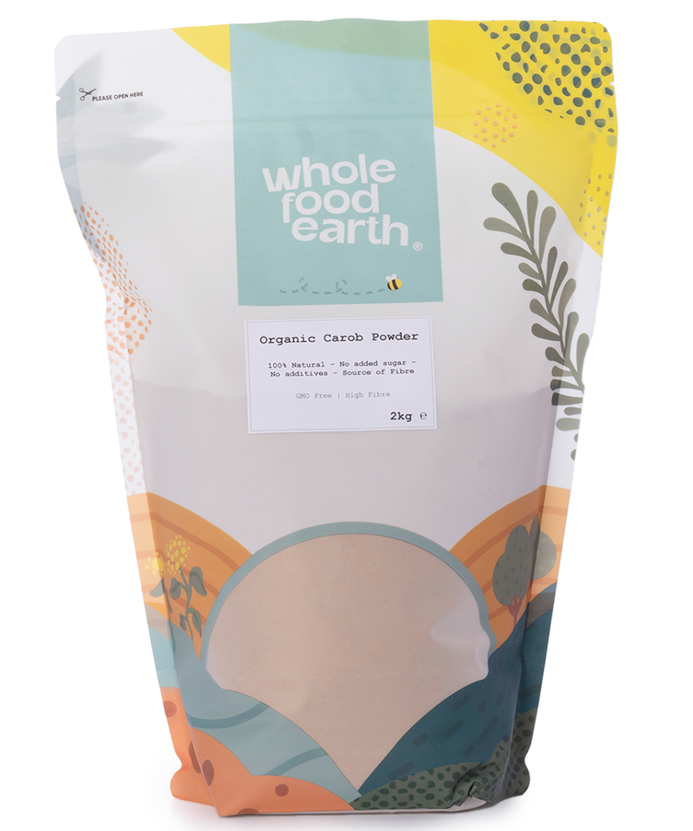 Organic Carob Powder from Whole Food Earth in a 2kg bag, showing the fine, dark brown powder in a clear container.