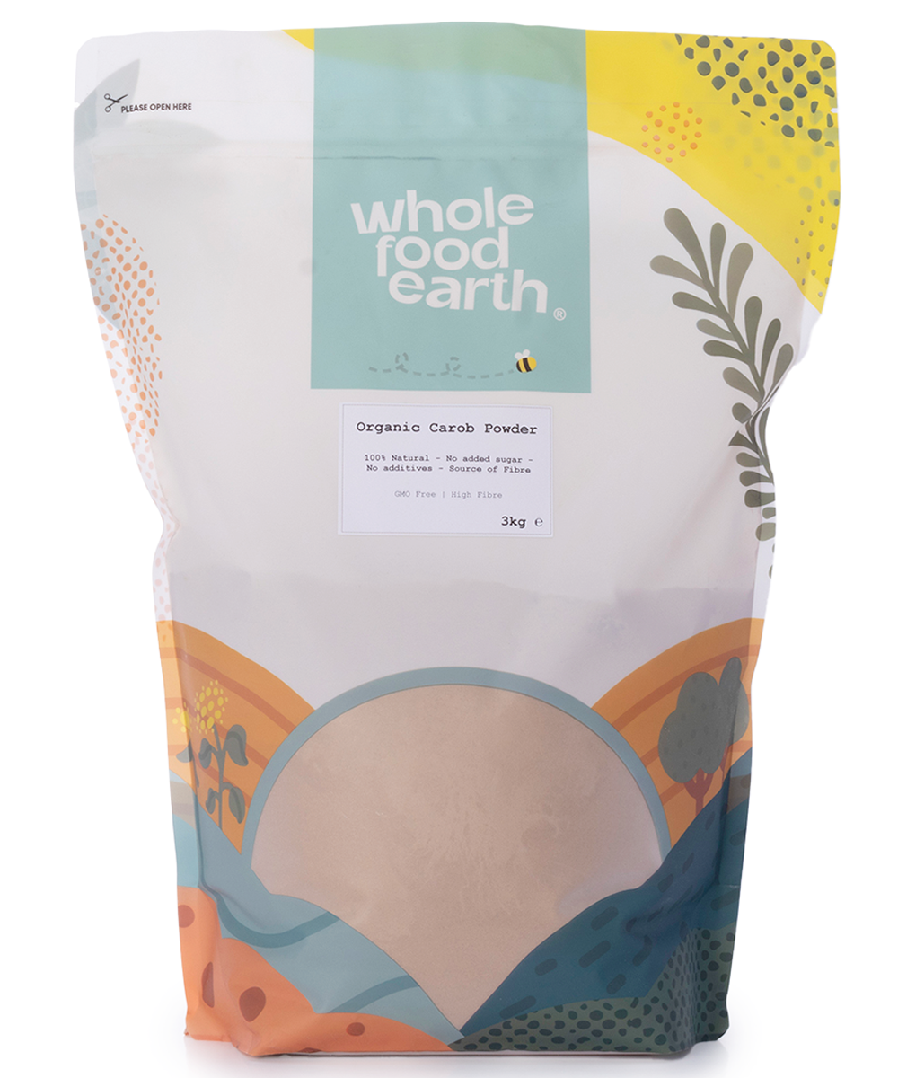 Organic Carob Powder from Whole Food Earth, 3kg specialty product in a clear bag showing the fine brown powder inside.