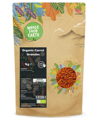 Organic carrot granules from Whole Food Earth, 1kg jar, showing bright orange herbal spice in a clear container.