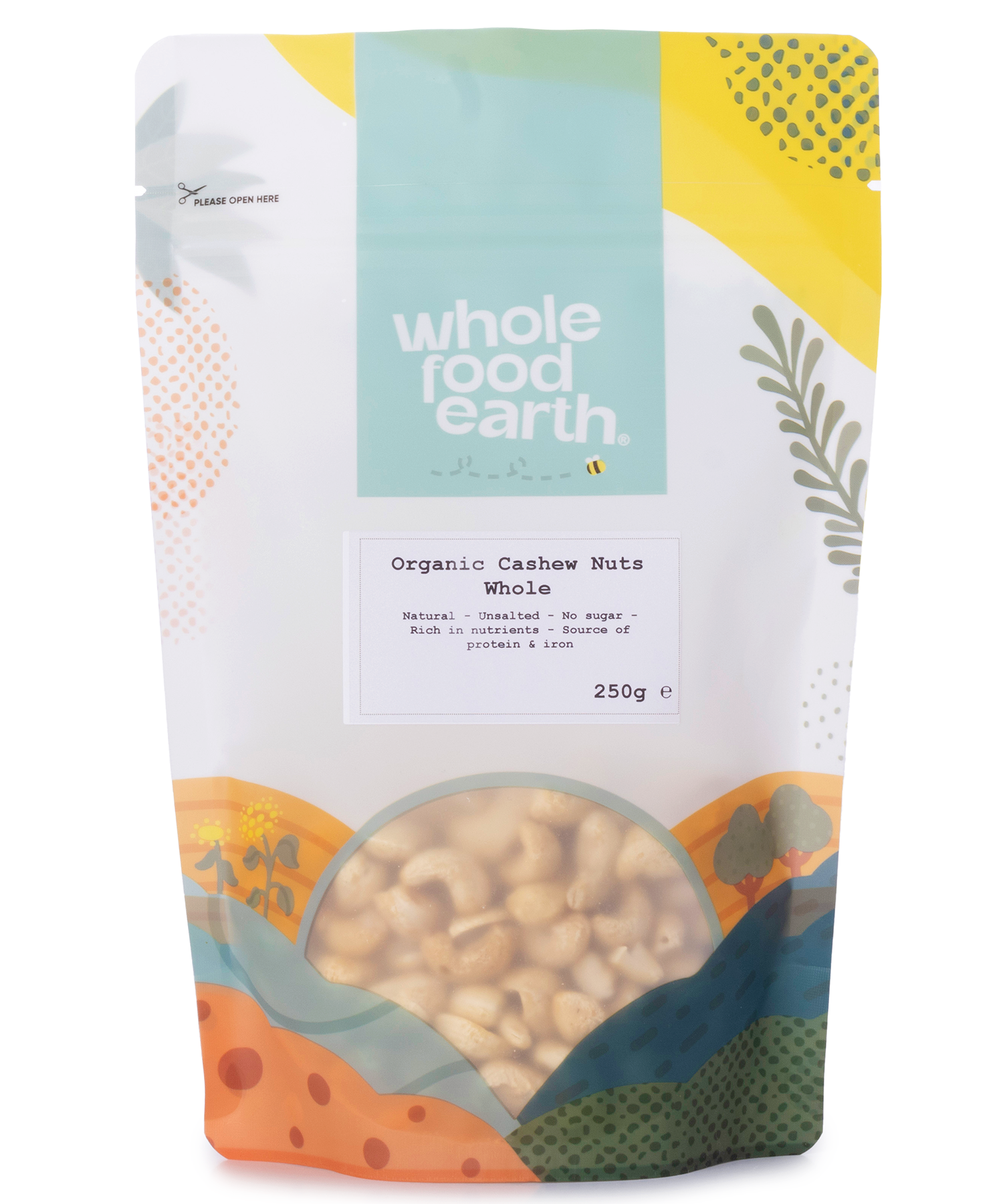 Whole Food Earth organic whole cashew nuts in a clear bowl, showcasing their creamy, curved shape and light beige color.