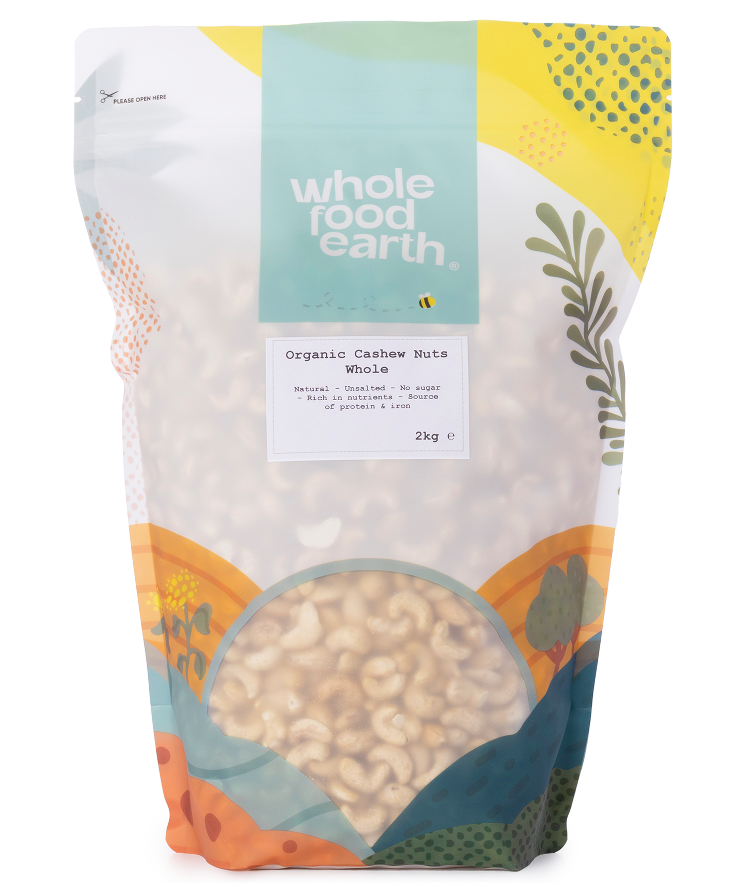 Whole Food Earth organic cashew nuts, whole and raw, in a 2kg bag, displayed in a natural, close-up view of the nuts.