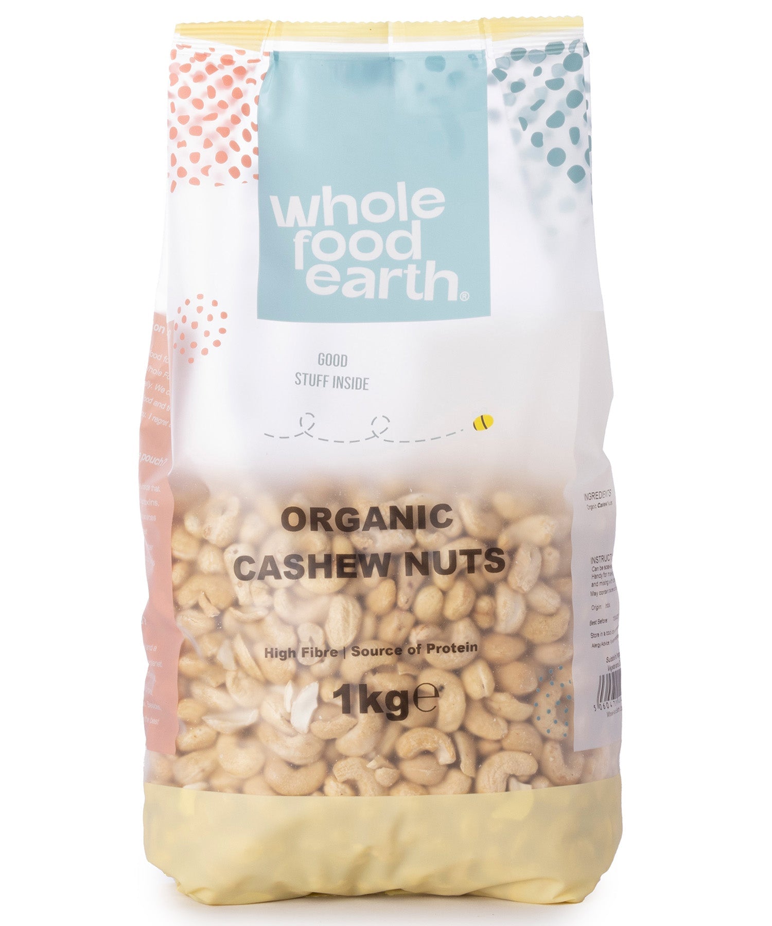 Whole organic cashew nuts from Whole Food Earth, showing light beige, curved nuts in a clear bowl, fresh and natural.