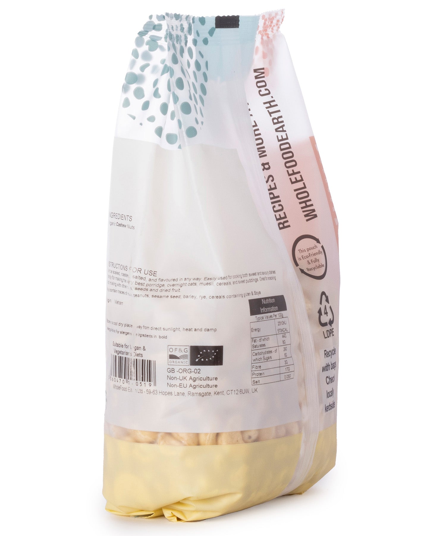 Whole Food Earth organic whole cashew nuts in a bowl, showing light beige, curved nuts on a white background.