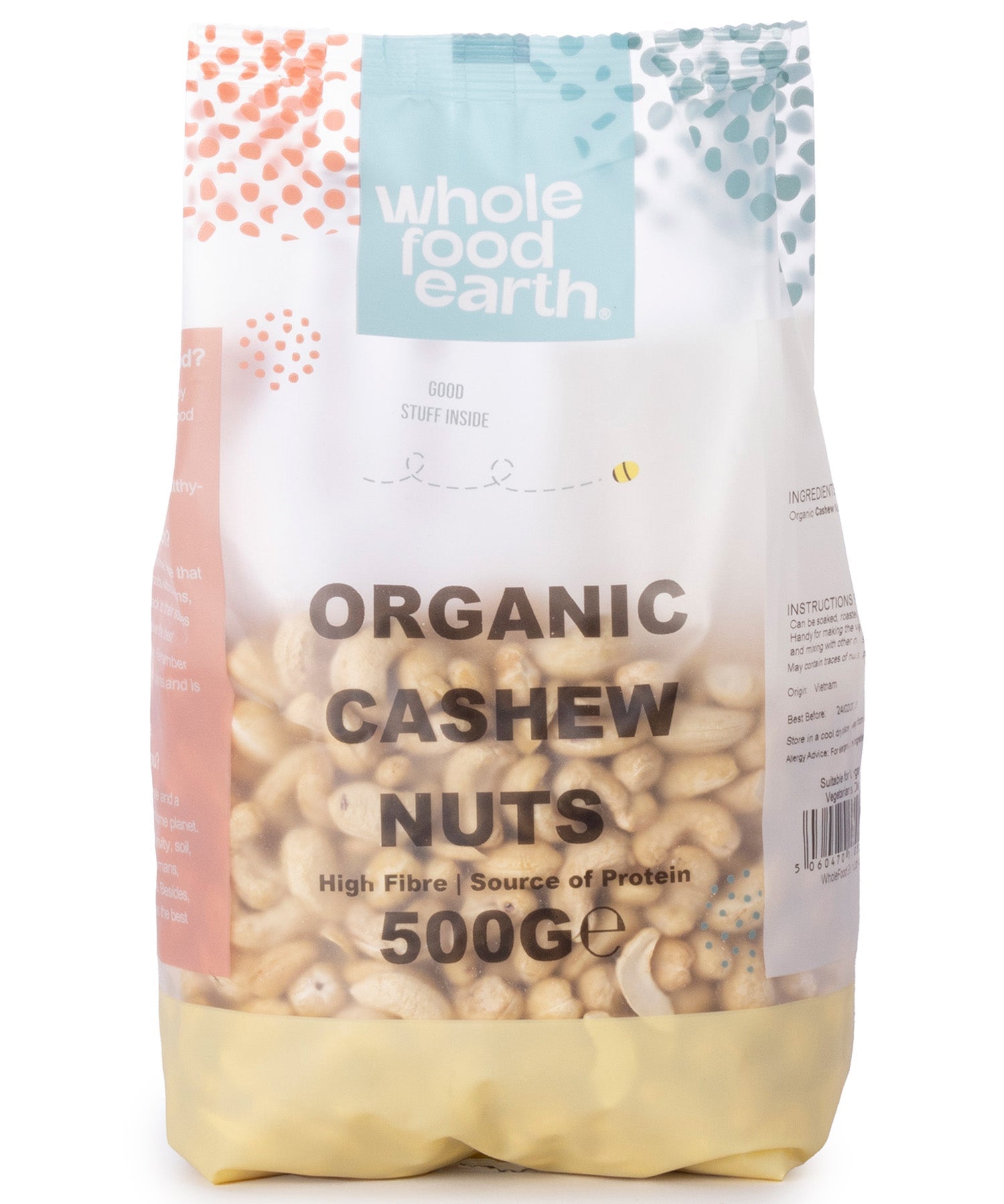 Whole Food Earth organic cashew nuts, whole and raw, in a 500g package, showing light beige, curved nuts with smooth surfaces.