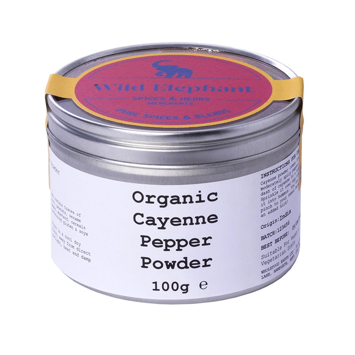Organic cayenne pepper powder from Wild Elephant, shown in a clear container with vibrant red spice, part of Whole Food Earth herbs and spices.