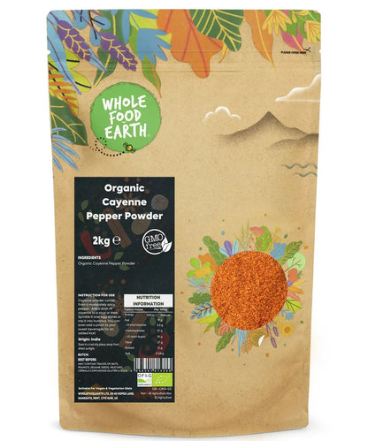 Organic Cayenne Pepper Powder from Whole Food Earth, 2kg package, finely ground red spice for cooking and seasoning.